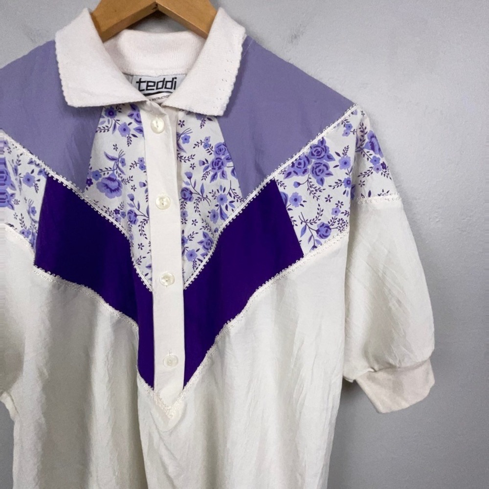 Teddi Top Women L White Purple Floral Colorblock Short Sleeve Polo Vintage 80s